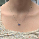 Aishee 14K White Gold AAA Tanzanite and Diamond Halo Pendant Necklace | EM 7x5mm | Attached Chain
