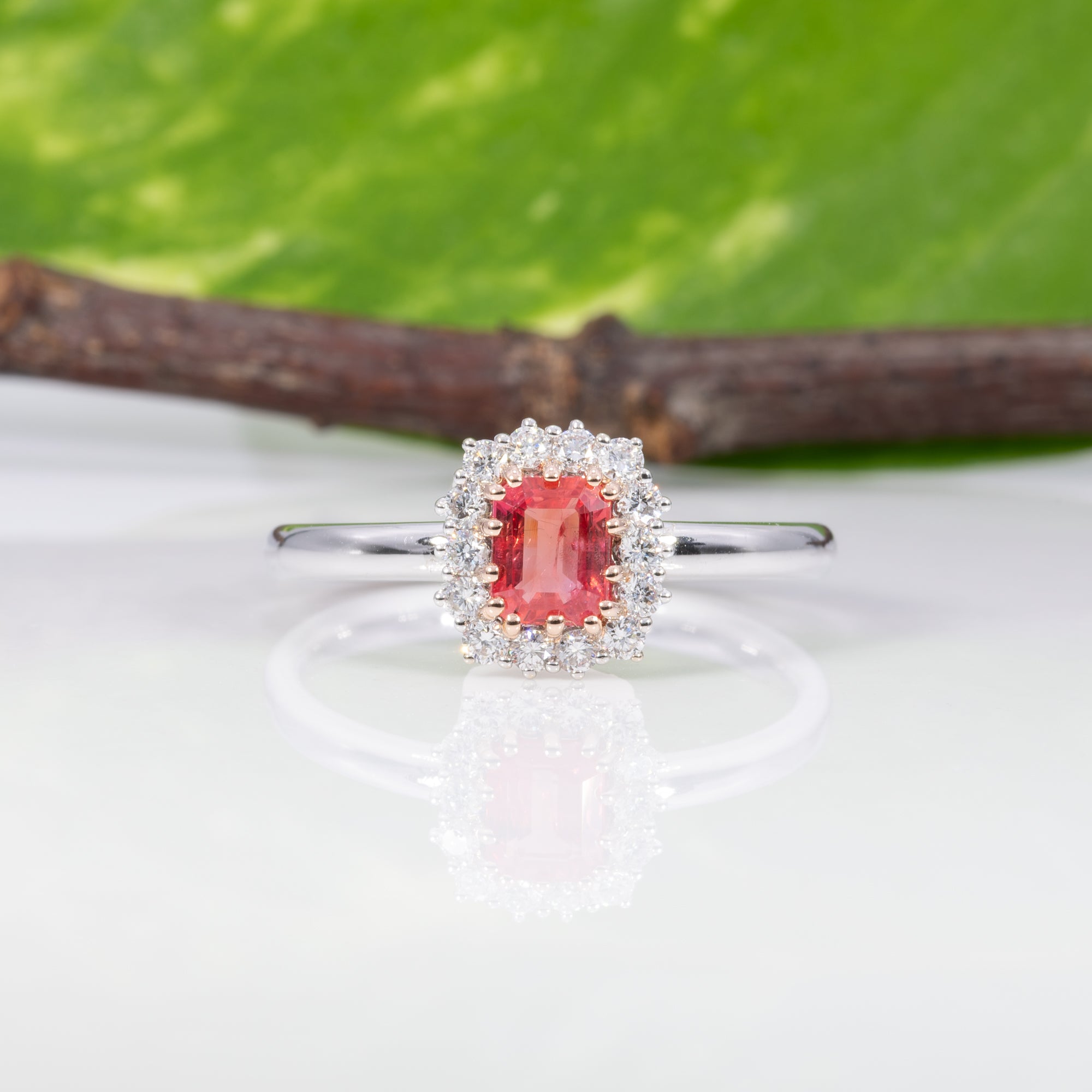 14K white & rose gold padparadscha sapphire ring with diamond accents
