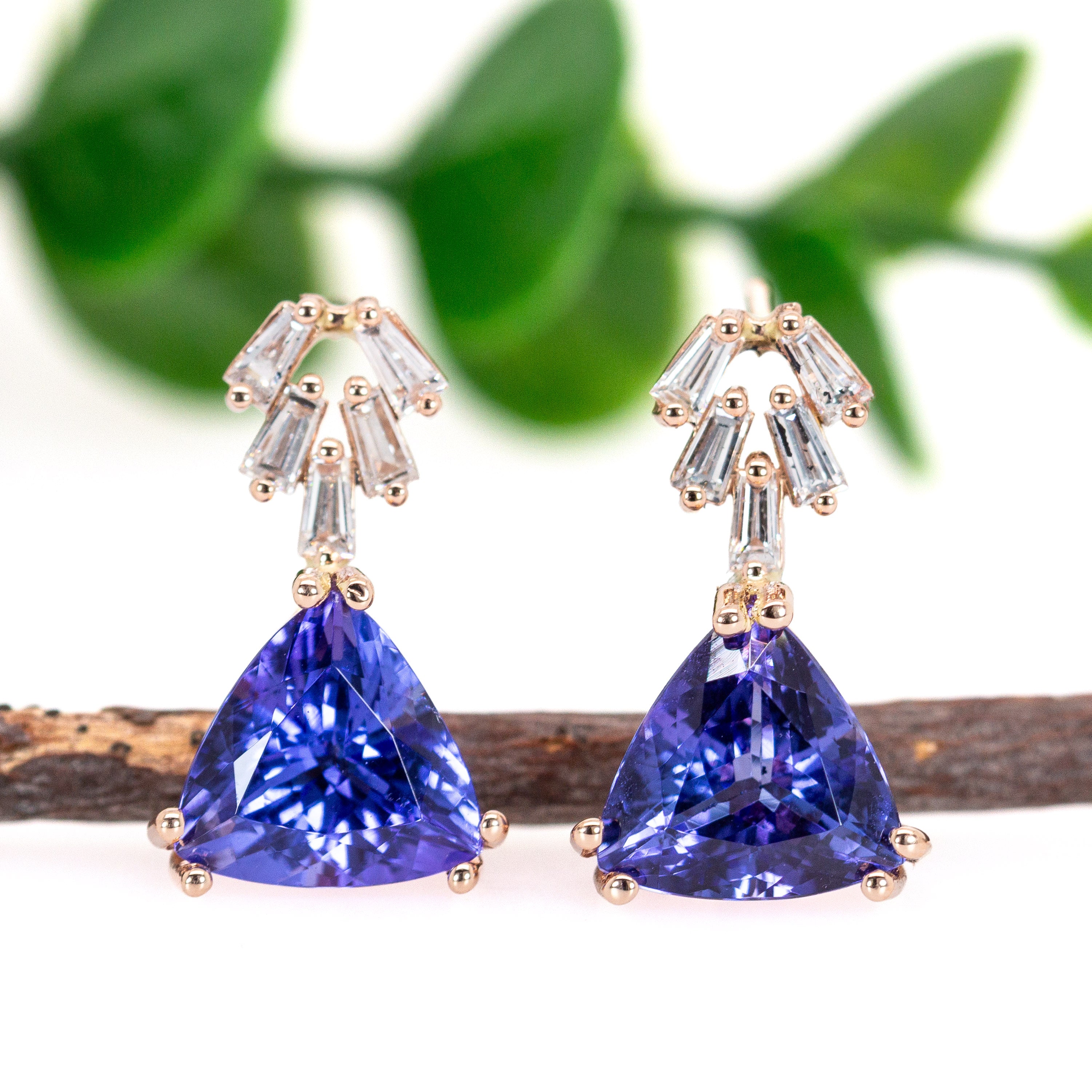 Magi 14K Rose Gold 5.07cts Tanzanite Diamond Drop Earrings | Trillion 9mm