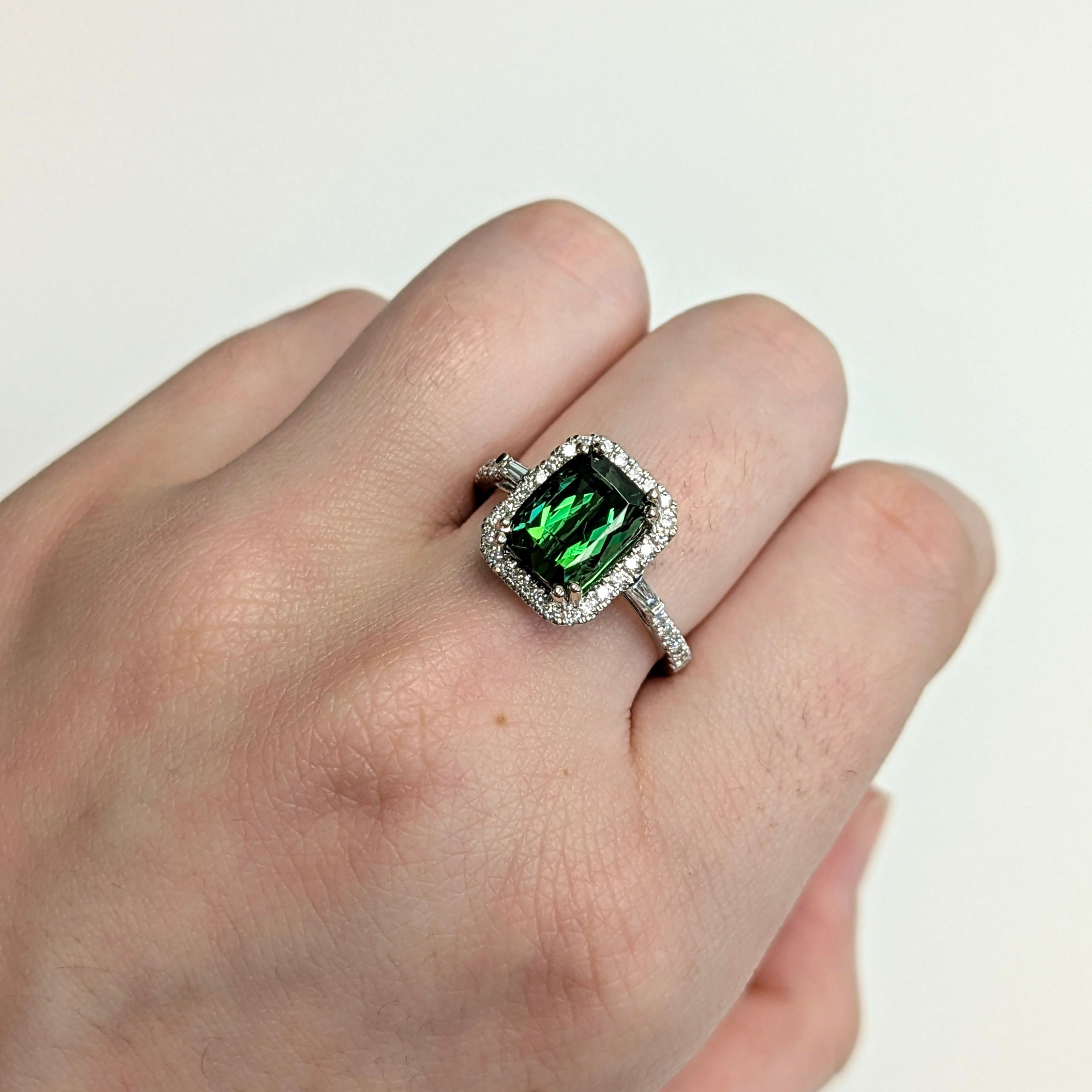 Alka 14K White Gold 2.59cts Indicolite Tourmaline Diamond Ring | Emerald Cut 9x7mm
