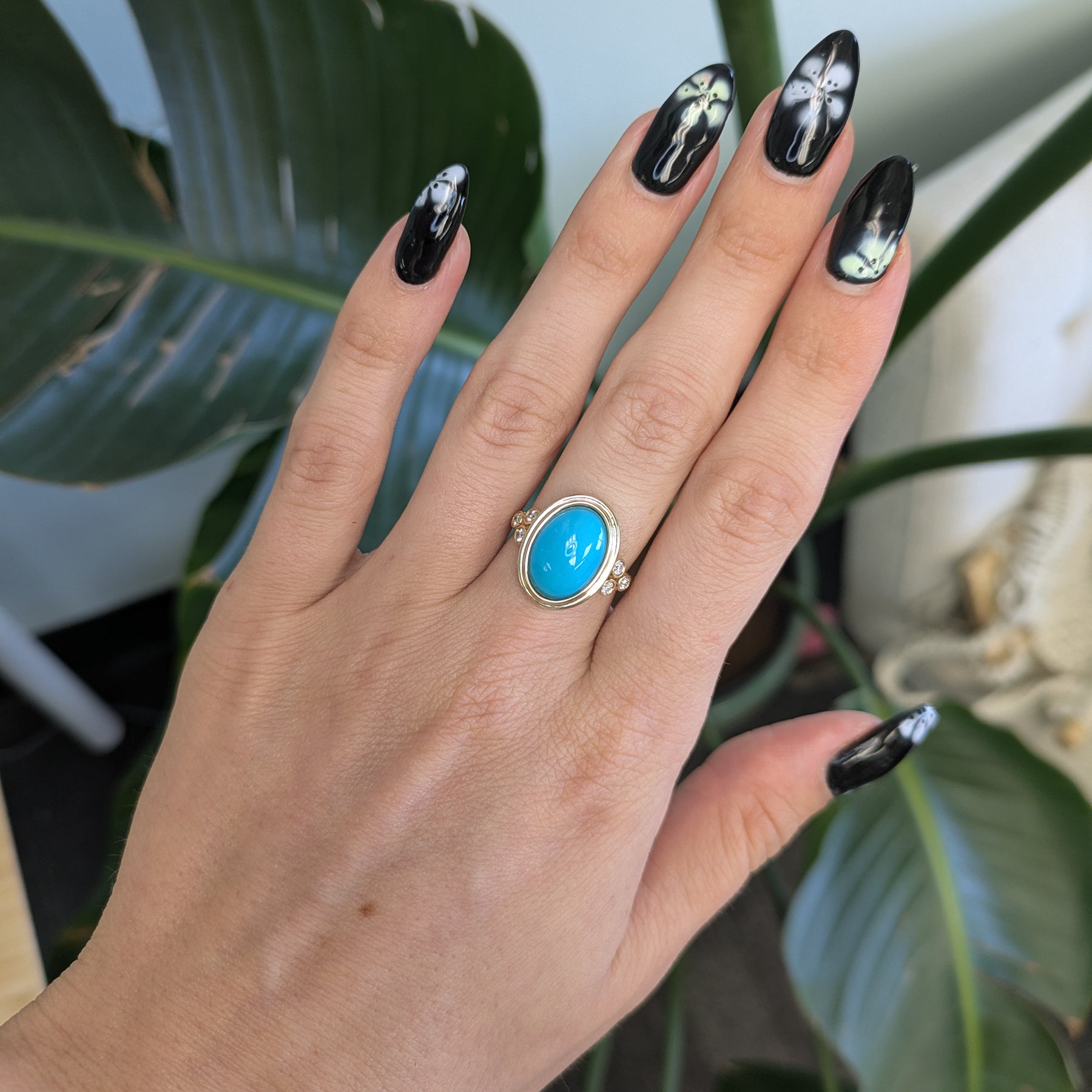 14K yellow gold turquoise cabochon ring with diamond accents