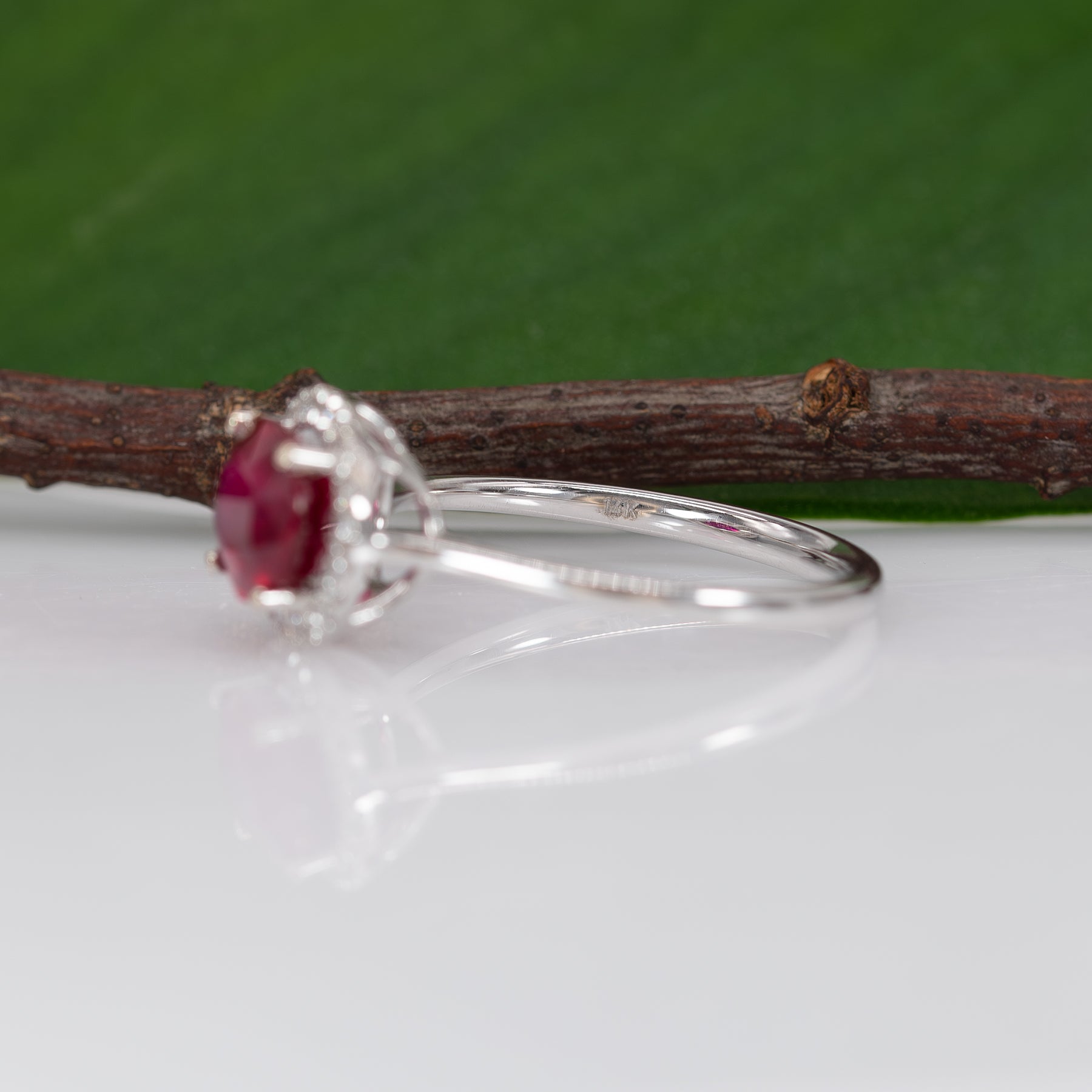 14K white gold Madagascar ruby ring with diamond accents