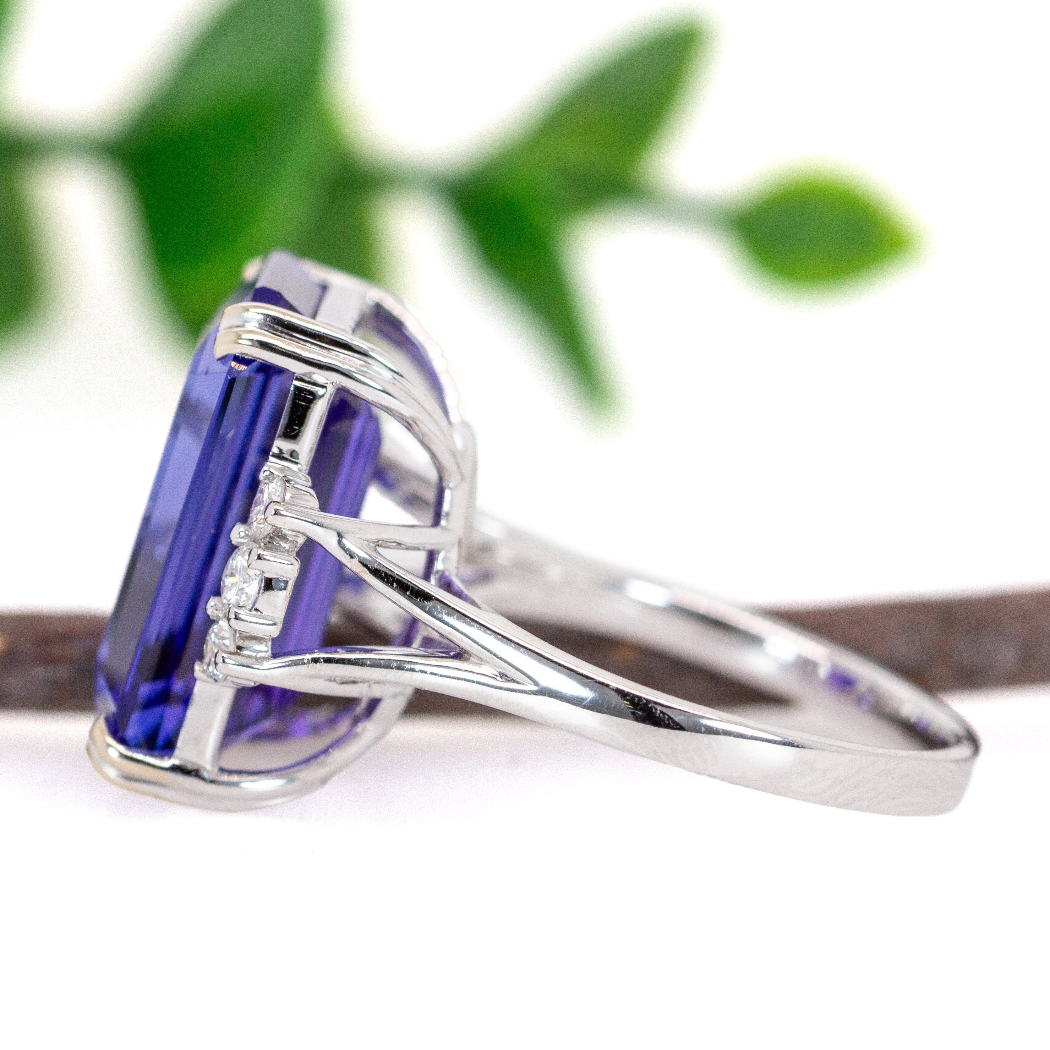 Yana 14K White Gold 11.96cts AAA Tanzanite Diamond Ring | Emerald Cut 16x12mm