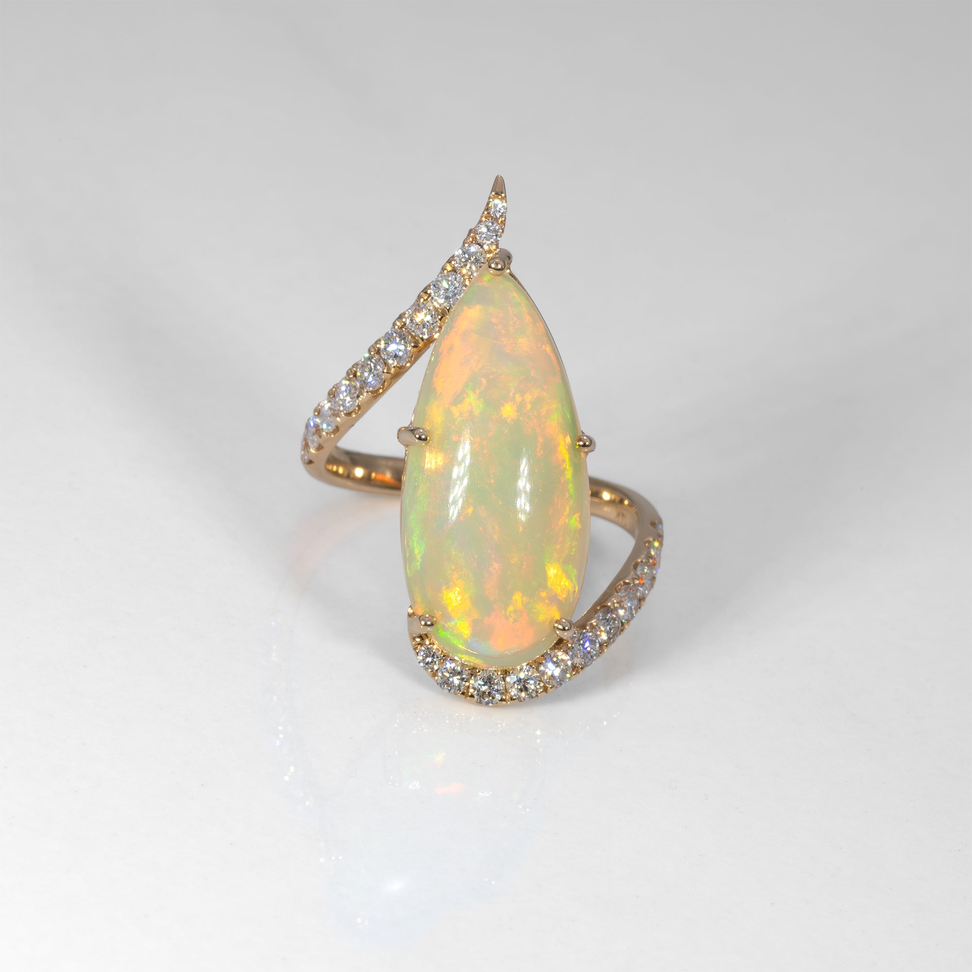 14K yellow gold Ethiopian opal cabochon ring with diamonds
