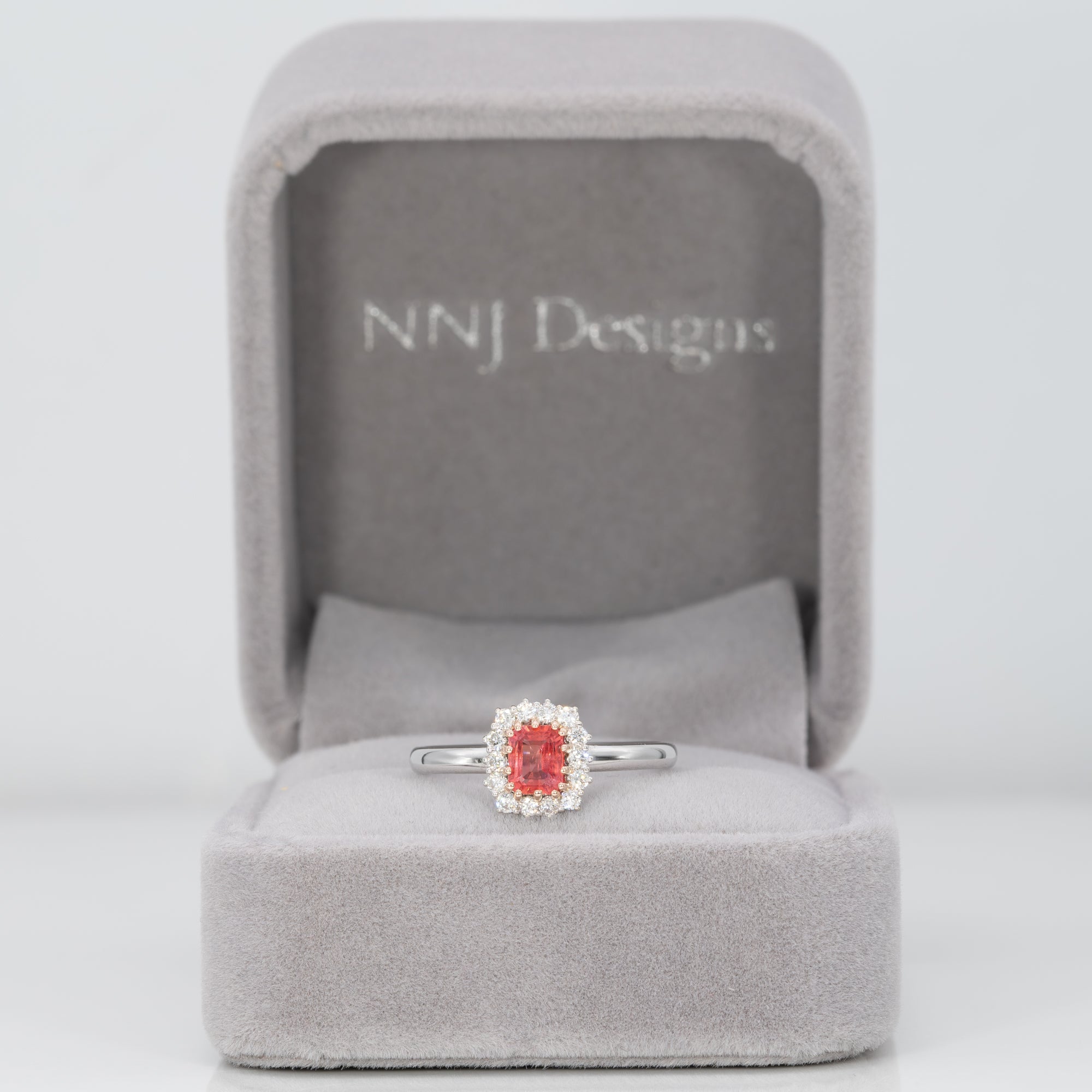 14K white & rose gold padparadscha sapphire ring with diamond accents