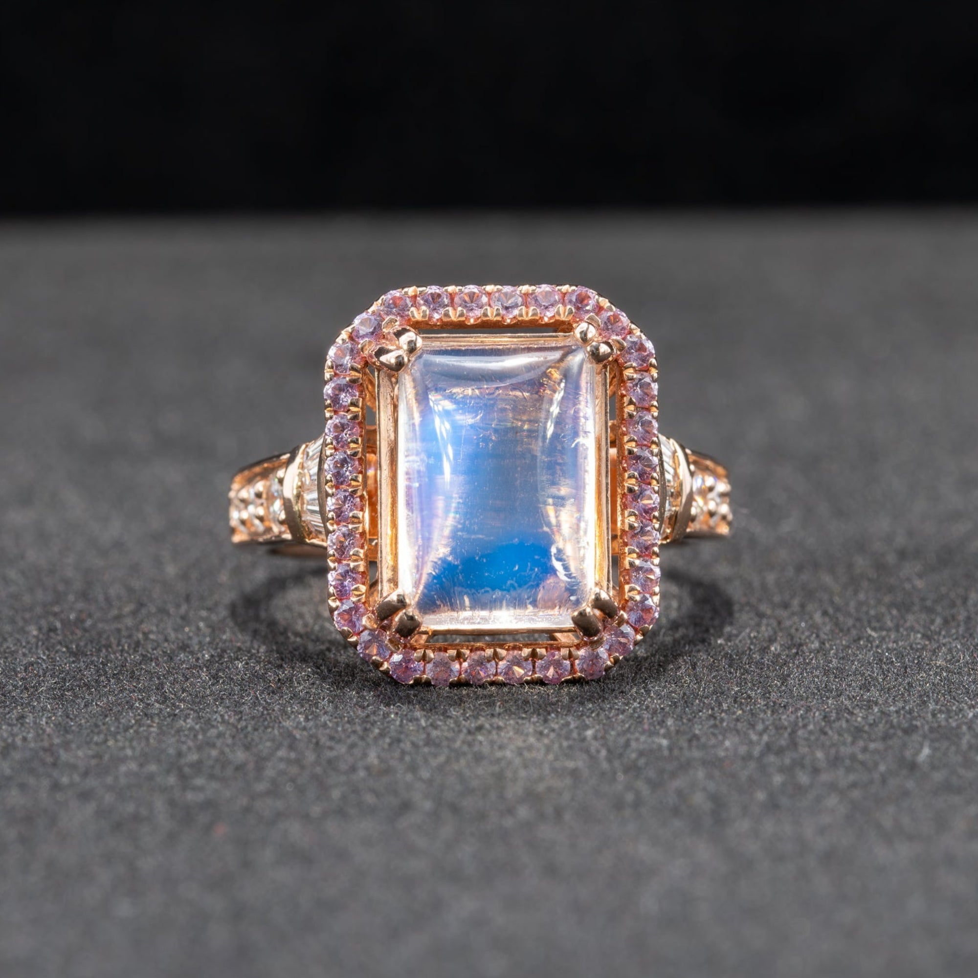 14K rose gold rainbow moonstone ring
