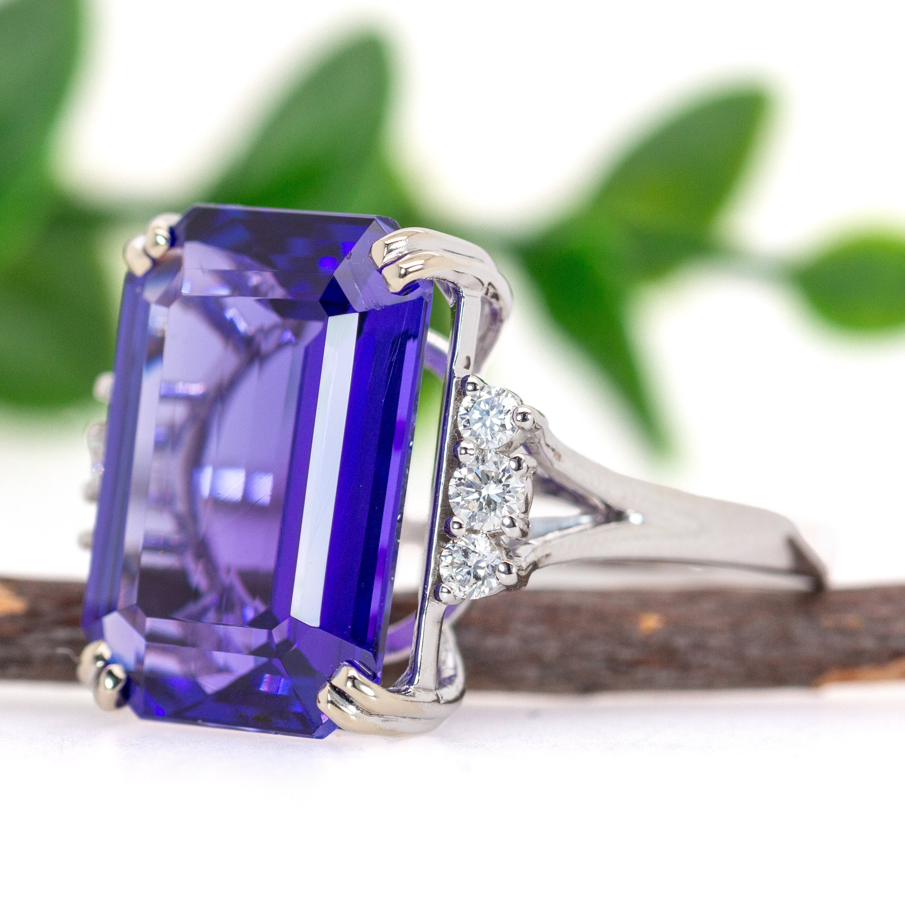 Yana 14K White Gold 11.96cts AAA Tanzanite Diamond Ring | Emerald Cut 16x12mm