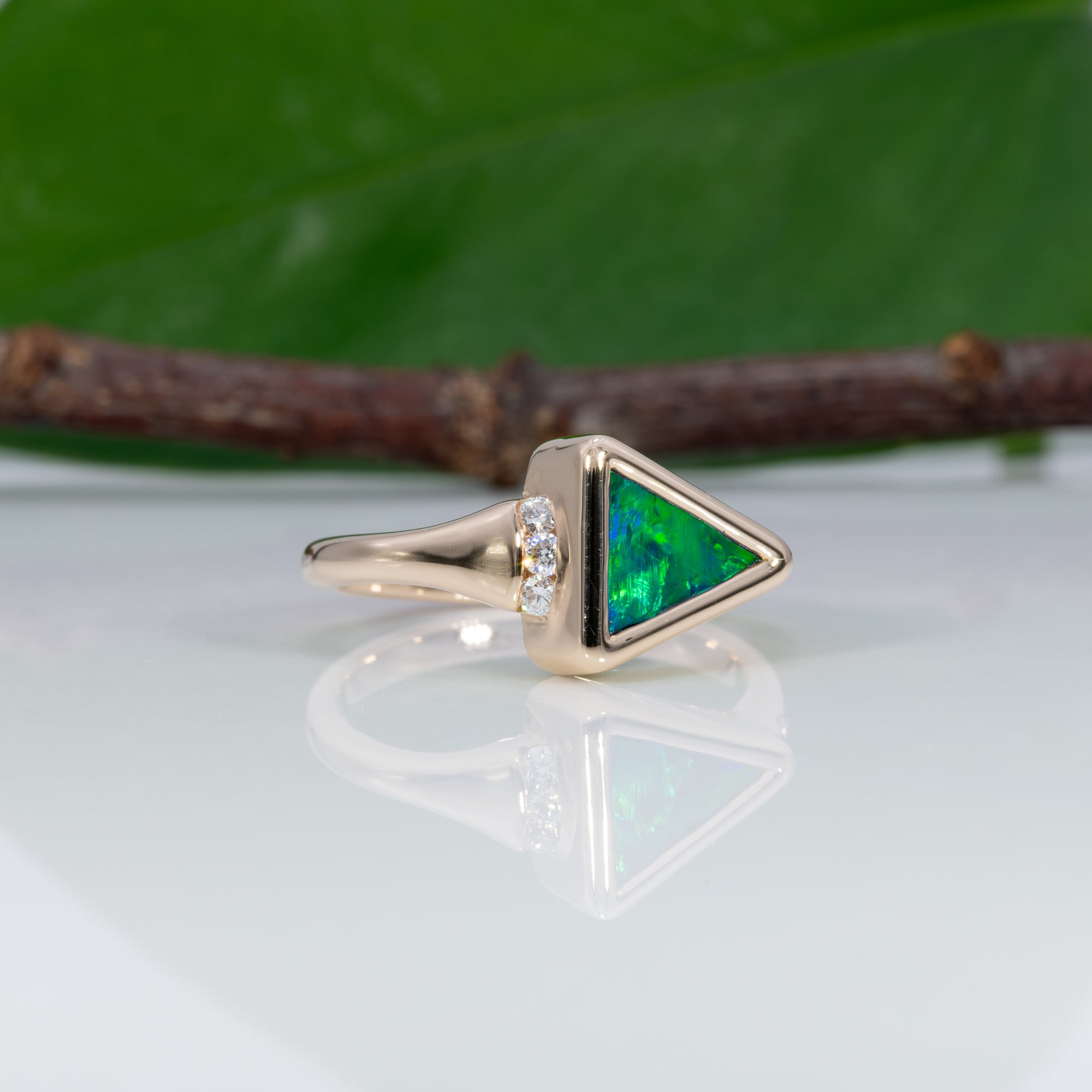 14K yellow gold boulder opal ring with diamond accents