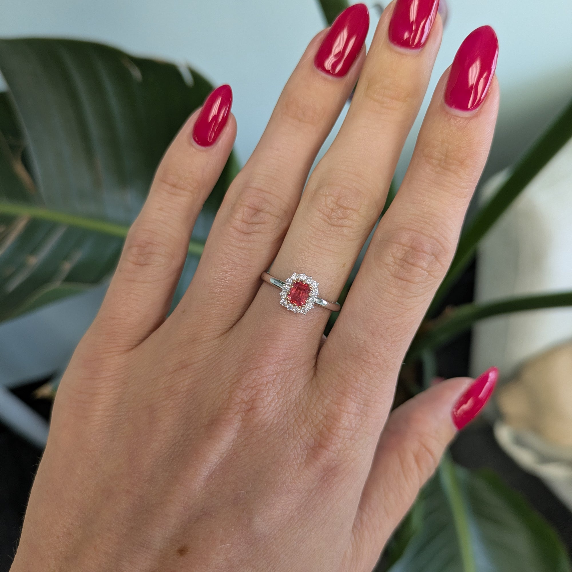 14K white & rose gold padparadscha sapphire ring with diamond accents