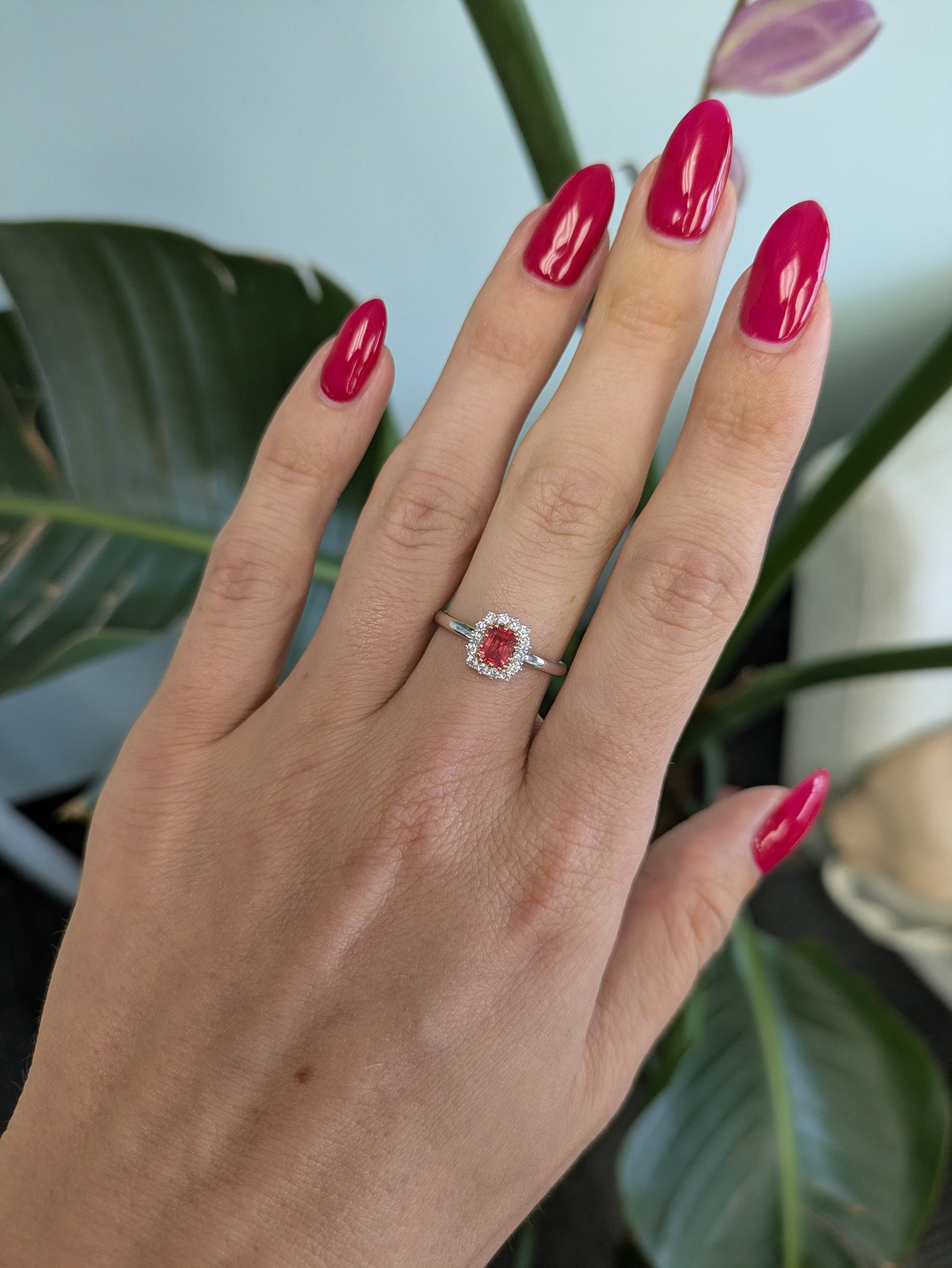 14K white & rose gold padparadscha sapphire ring with diamond accents