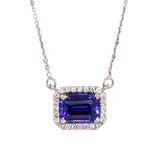 Aishee 14K White Gold AAA Tanzanite and Diamond Halo Pendant Necklace | EM 7x5mm | Attached Chain