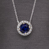 Pranjali 14K White Gold Ceylon Blue Sapphire and Diamond Halo Pendant | RD 6mm