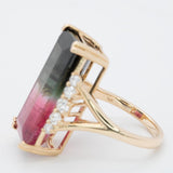 15.1Ct Bi-Color Tourmaline Ring with Earth Mined Diamond Accents: Solid 14K Gold
