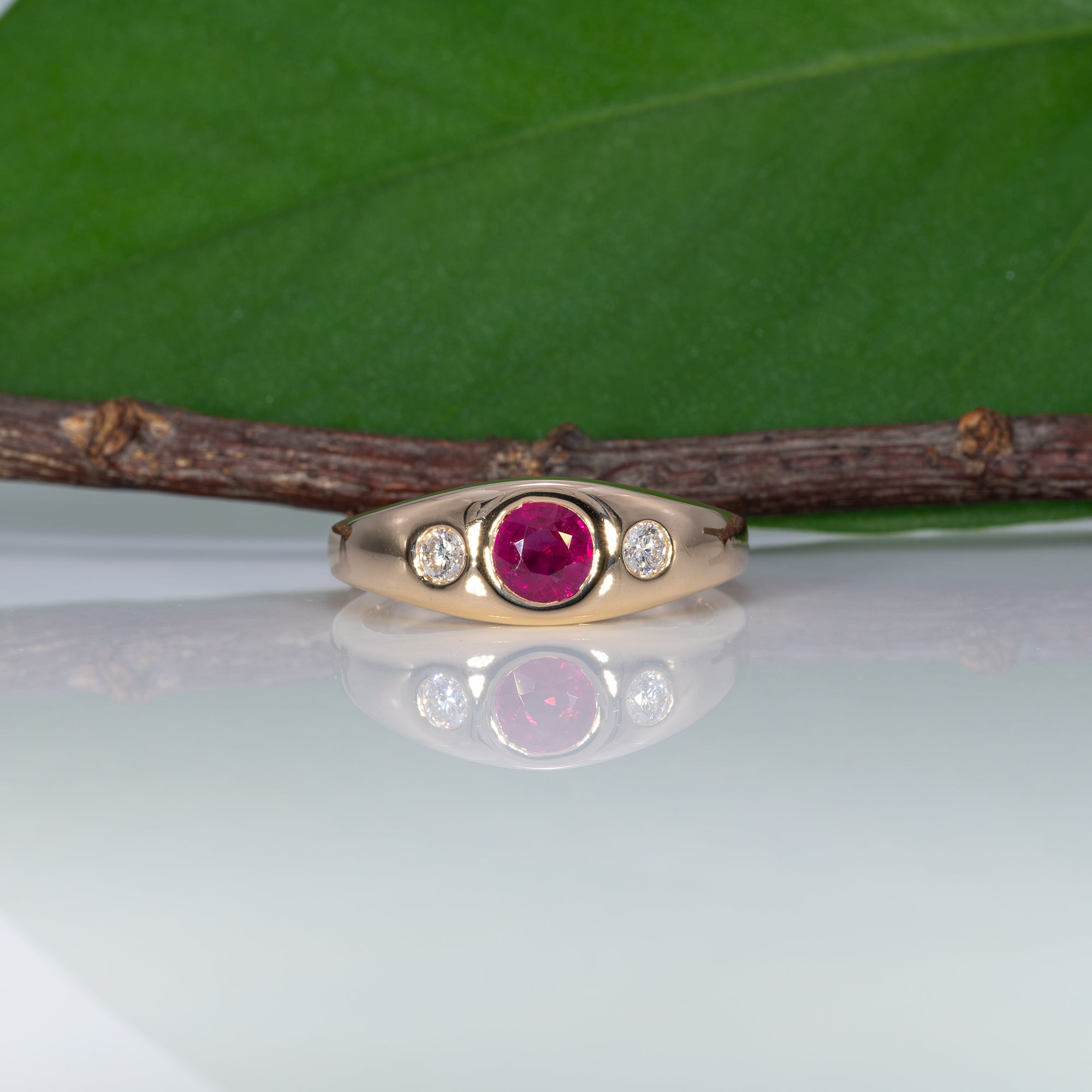 14K yellow gold Burma ruby ring with diamond accents