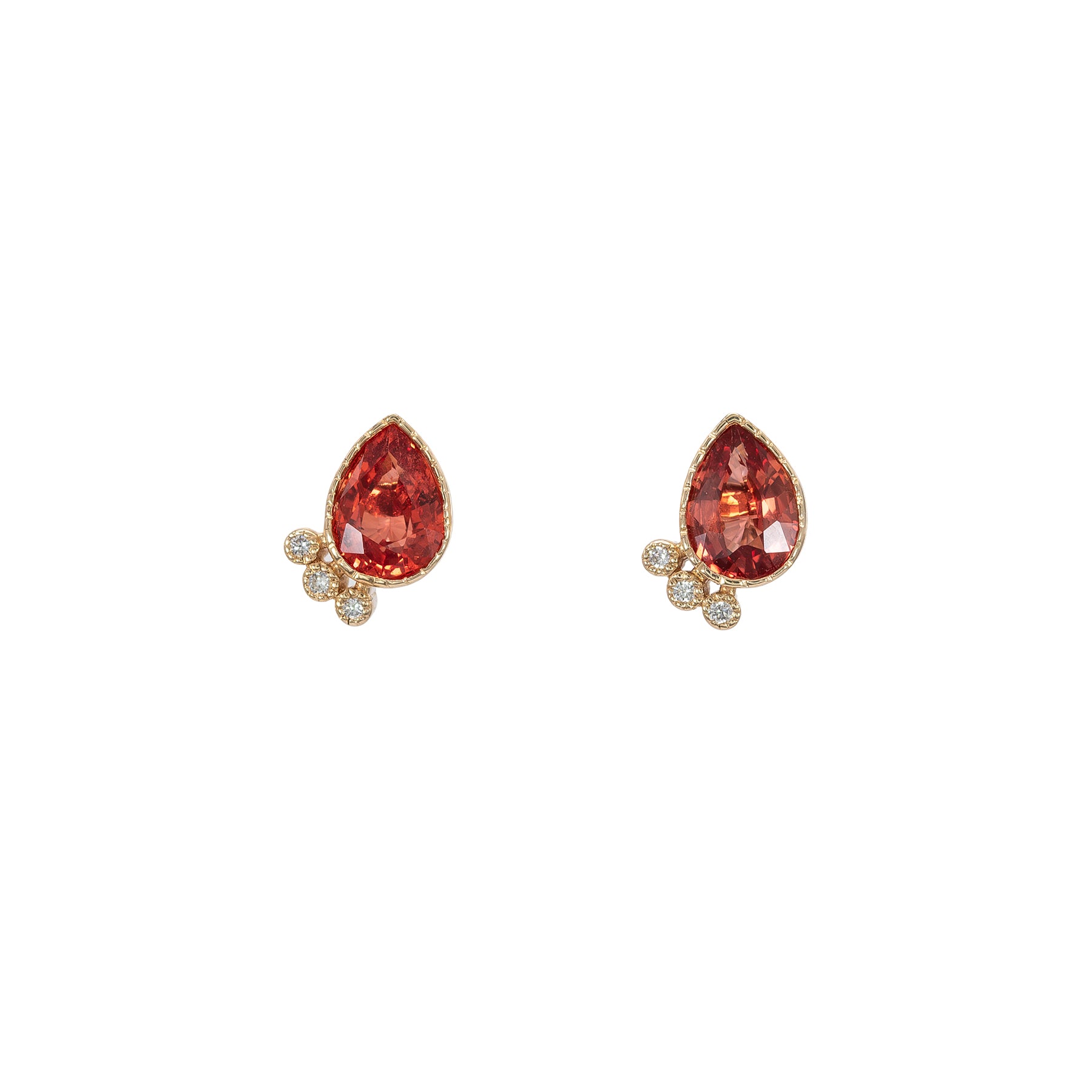 14K white gold padparadscha sapphire pear earrings with diamond accents