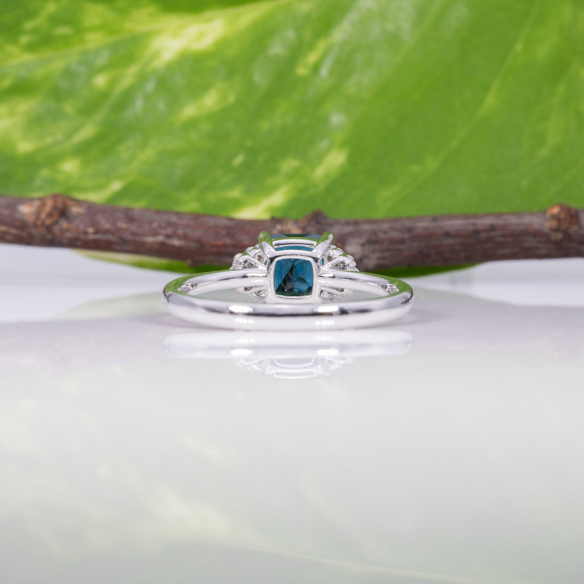 14K white gold indicolite tourmaline ring with diamond accents