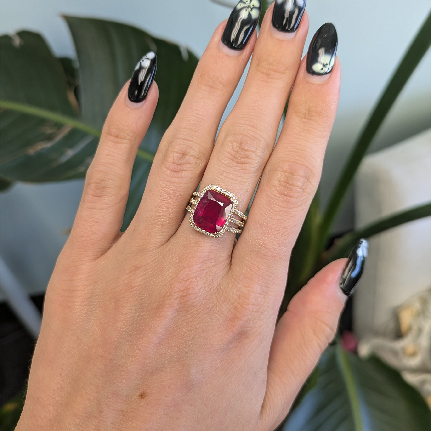 14K yellow gold Madagascar ruby ring with diamond halo