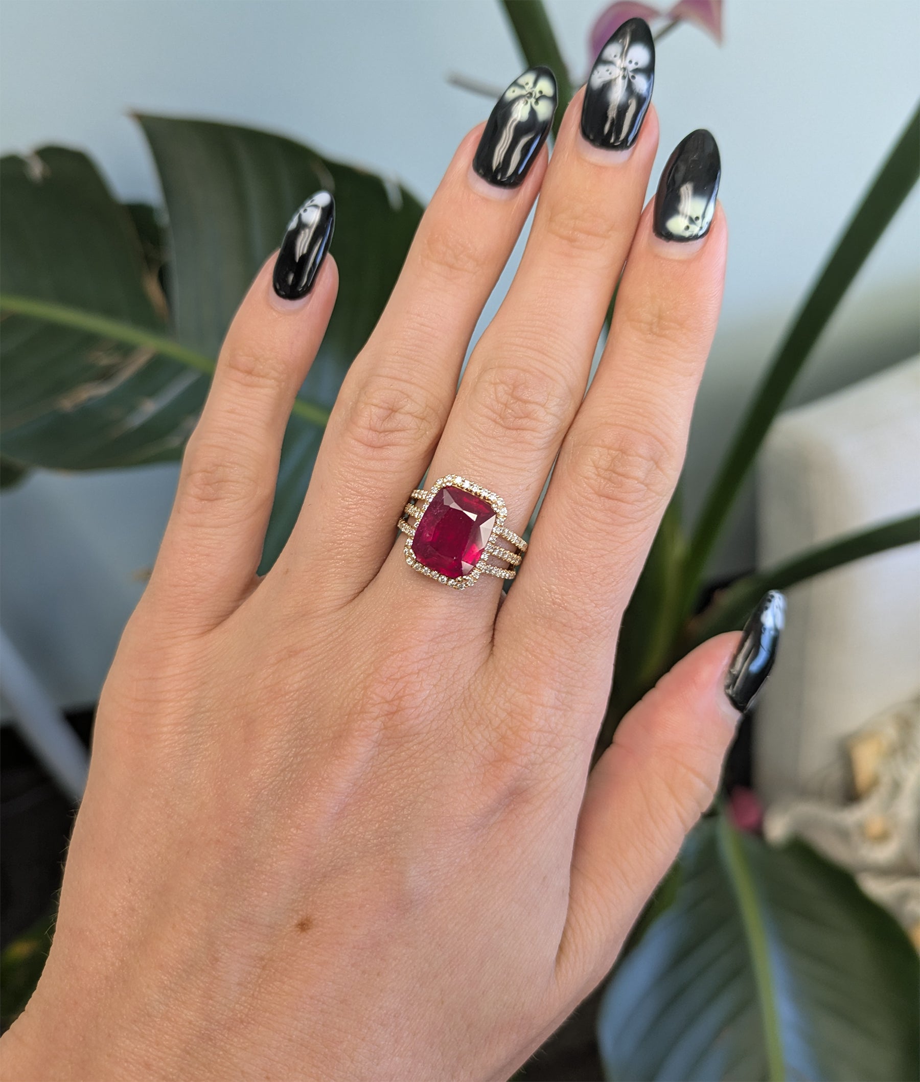 14K yellow gold Madagascar ruby ring with diamond halo