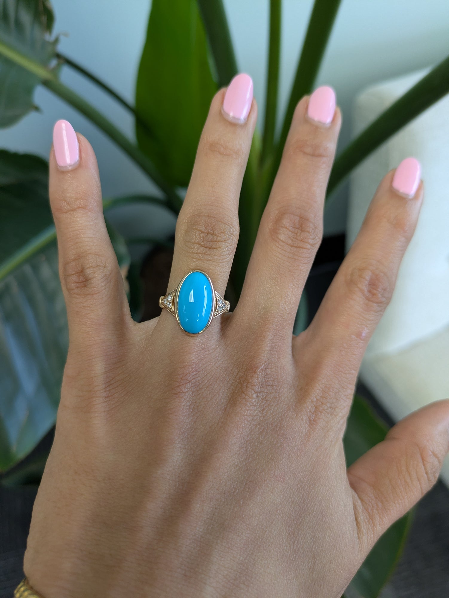 14K yellow gold sleeping beauty turquoise ring