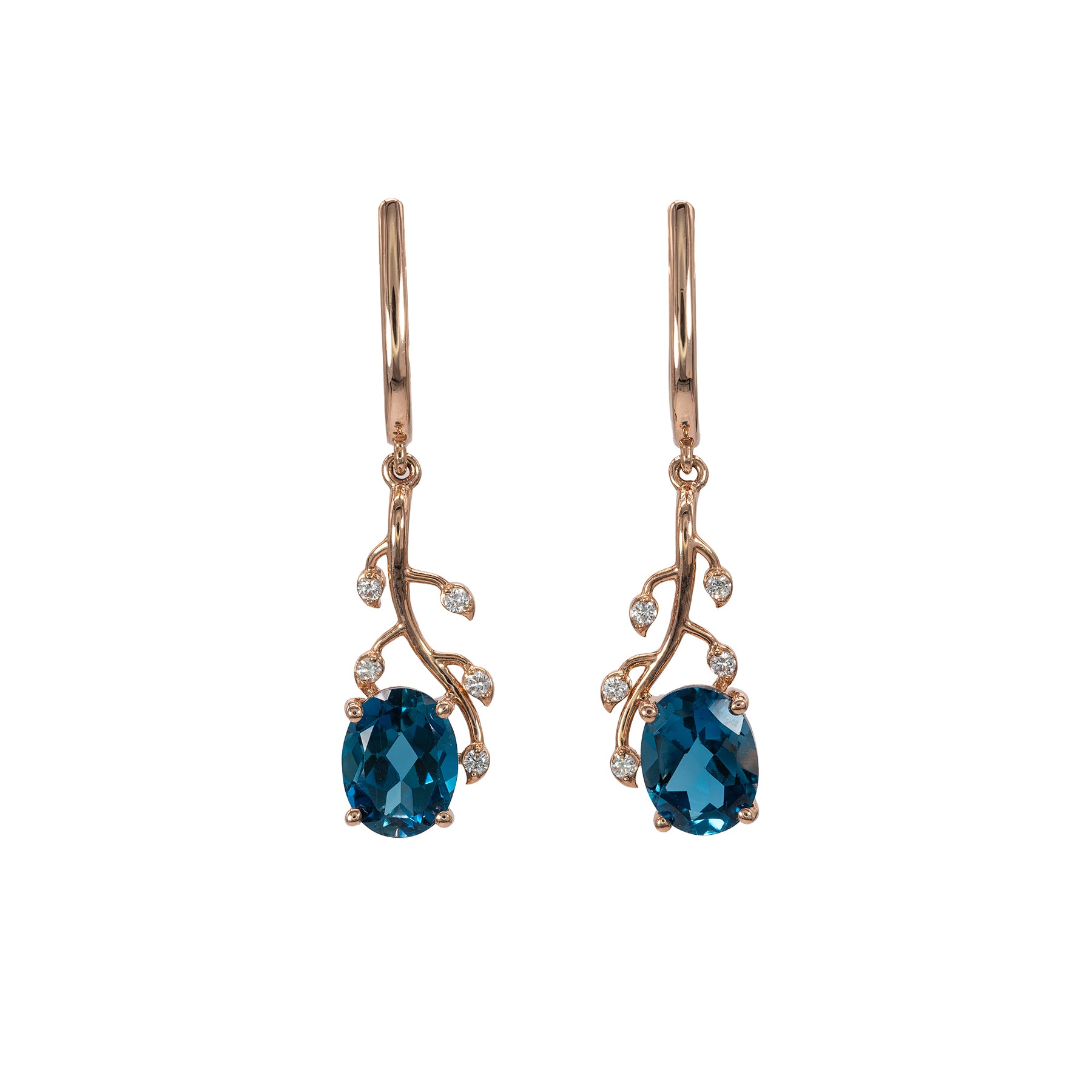 14K rose gold London blue topaz oval earrings with diamond accents