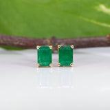 Beautiful Zambian Emerald Solitaire Stud Earrings in Solid 14K Gold | Emerald Cut 5x3mm 6x4mm 7x5mm 8x6mm