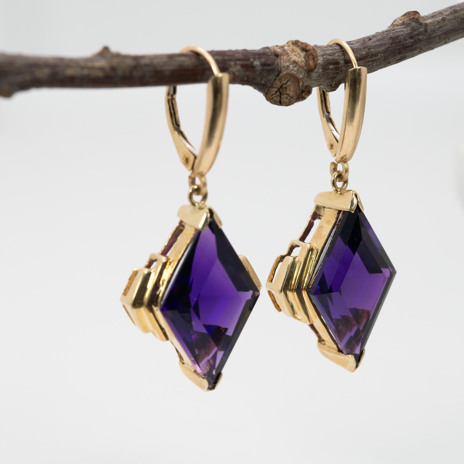 Zambian Amethyst Dangle Earrings in 14K Yellow Gold | Diamond Accents | Kite Cut | 22x13mm | February Birthstone