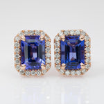 Tanzanite Stud Earrings in 14K Rose Gold | Diamond Accents | Emerald Cut | December Birthstone