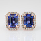 Tanzanite Stud Earrings in 14K Rose Gold | Diamond Accents | Emerald Cut | December Birthstone