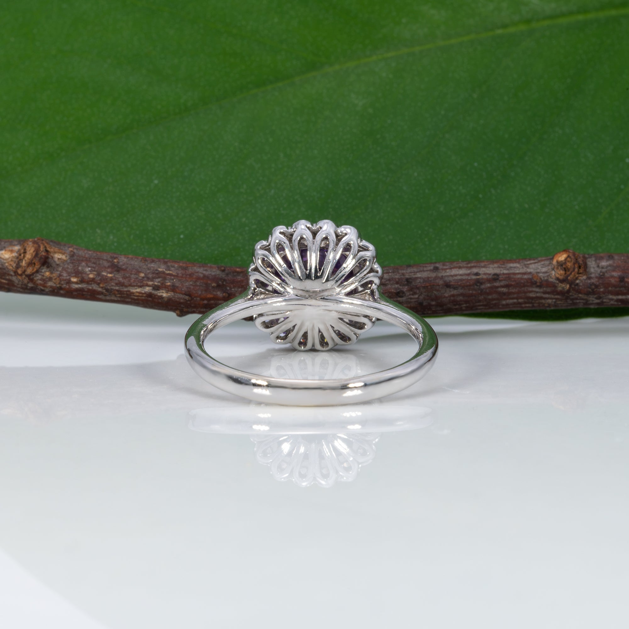 14K white gold GIA purple sapphire ring with diamonds