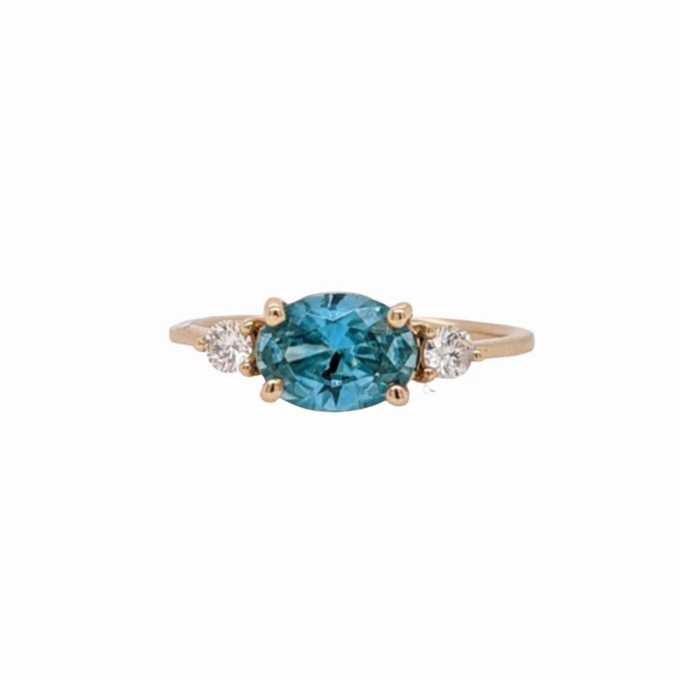 Harley 1.6ct East West Blue Zircon Ring w Earth Mined Diamonds in Solid 14K Yellow Gold | Oval 8x6mm | December Birthstone