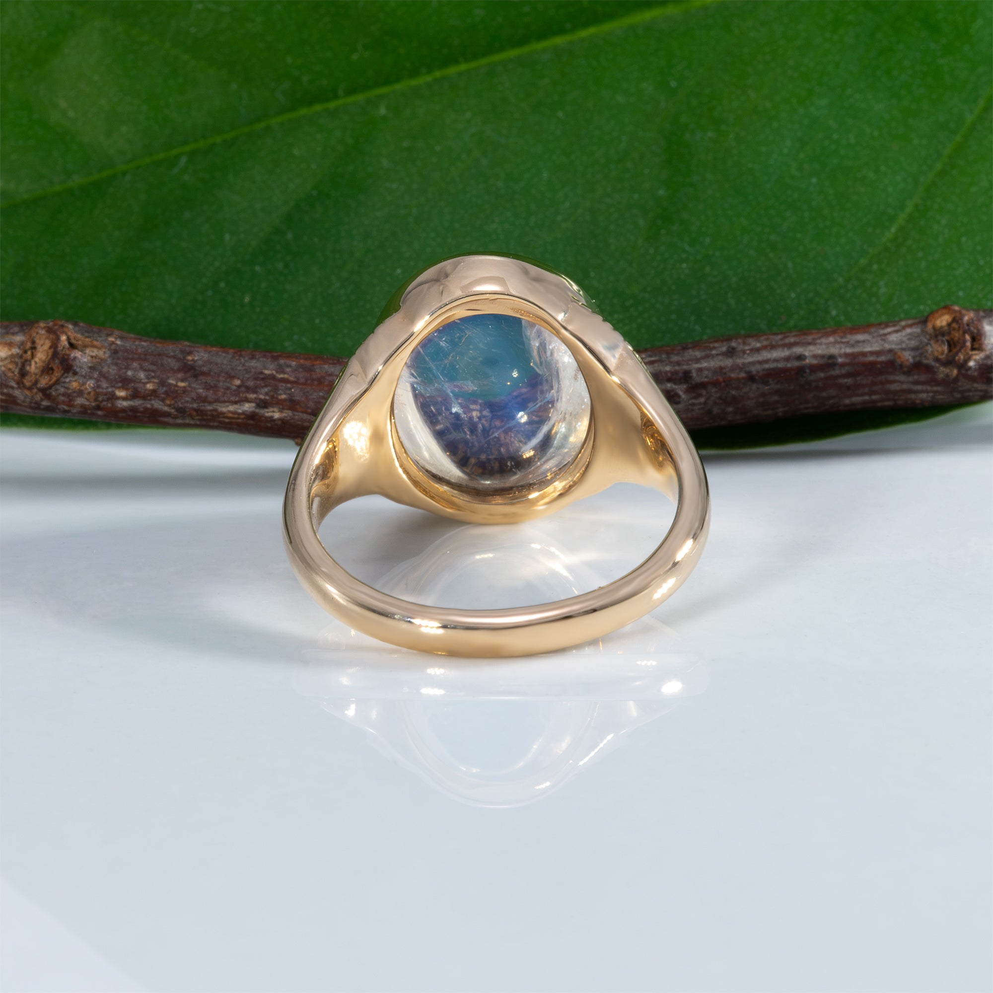 14K yellow gold rainbow moonstone cabochon ring with diamonds