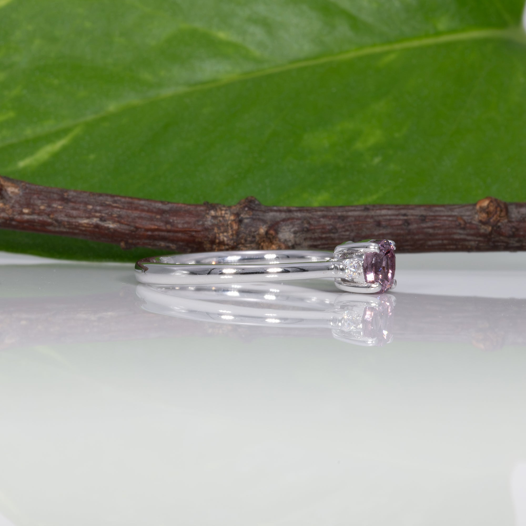 14K white gold minimal purple spinel ring with diamond accents