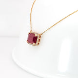 Somi Solid 14K Gold Ruby Pendant Necklace with Attached Chain, Natural Diamonds Halo, 10x8mm