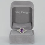 14K white gold pink sapphire oval ring with diamond halo