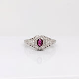 Vintage Inspired Ruby Ring w Earth Mined Diamonds in Solid 14K White Gold | Oval 5x4mm