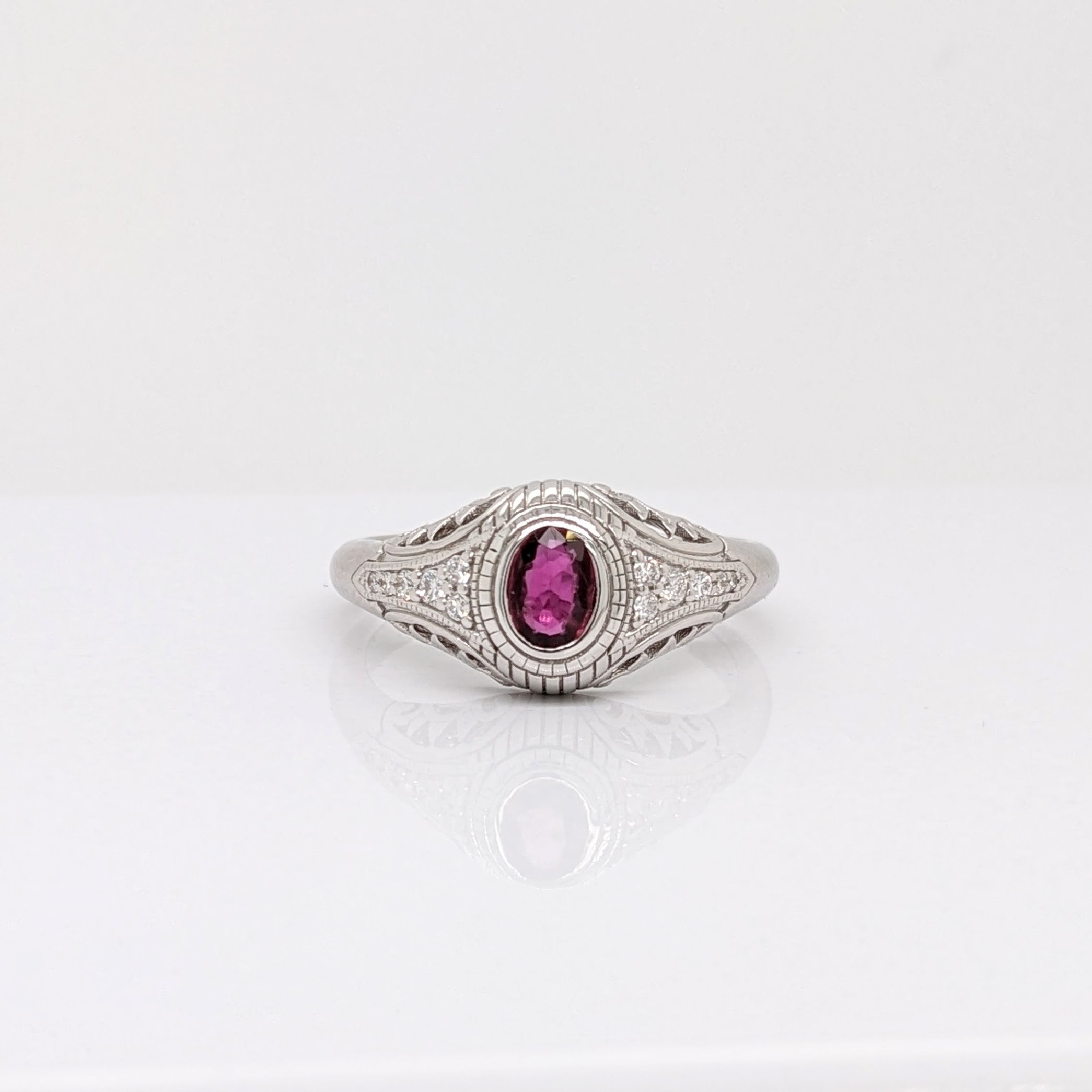 Vintage Inspired Ruby Ring w Earth Mined Diamonds in Solid 14K White Gold | Oval 5x4mm