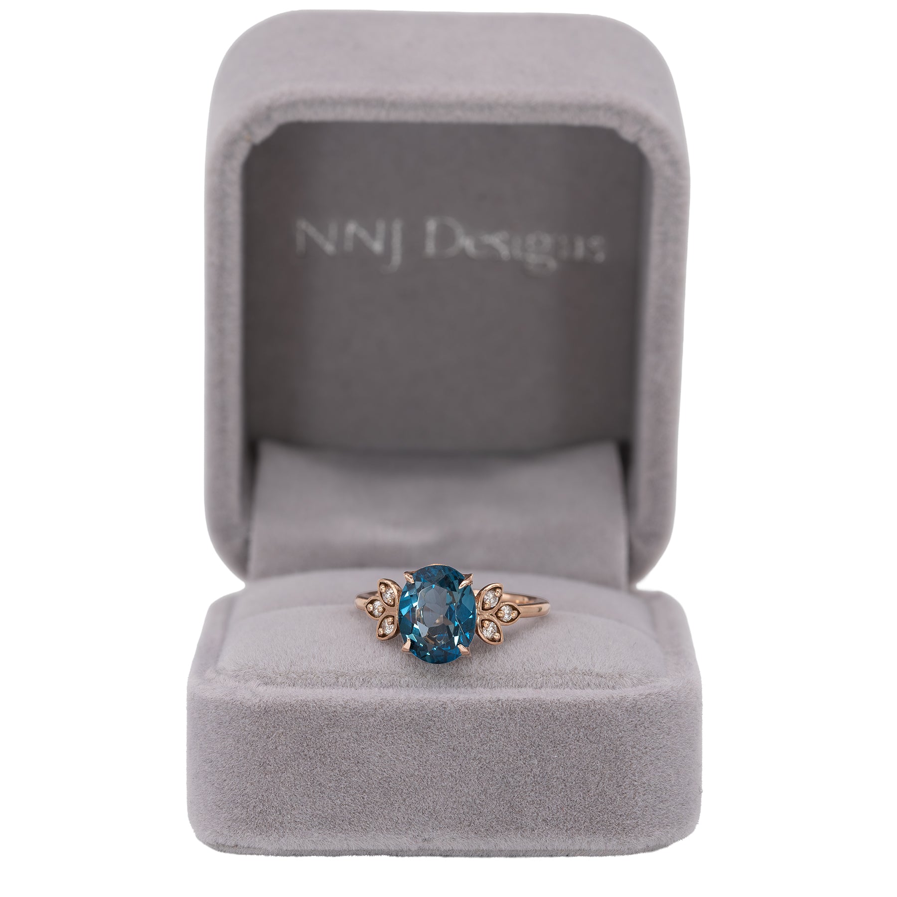 14K rose gold London blue topaz ring with diamond accents