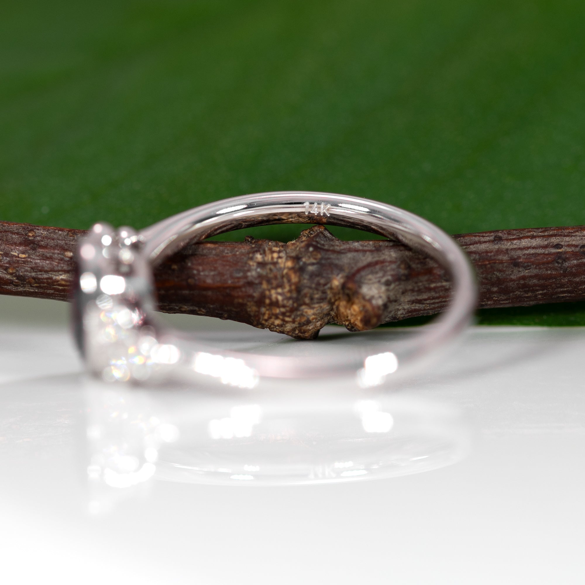 14K white gold purple spinel ring with diamond accents