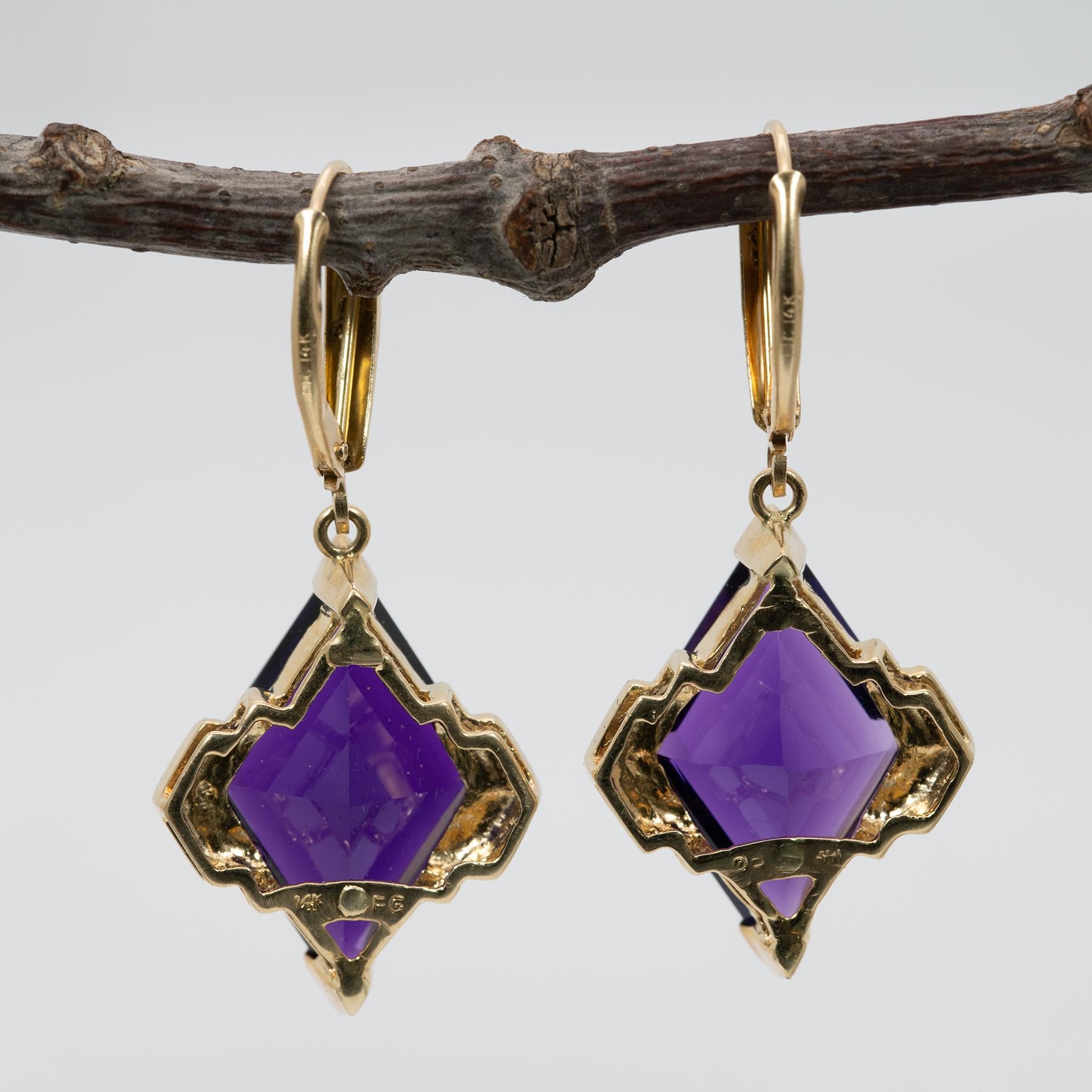 Zambian Amethyst Dangle Earrings in 14K Yellow Gold | Diamond Accents | Kite Cut | 22x13mm | February Birthstone