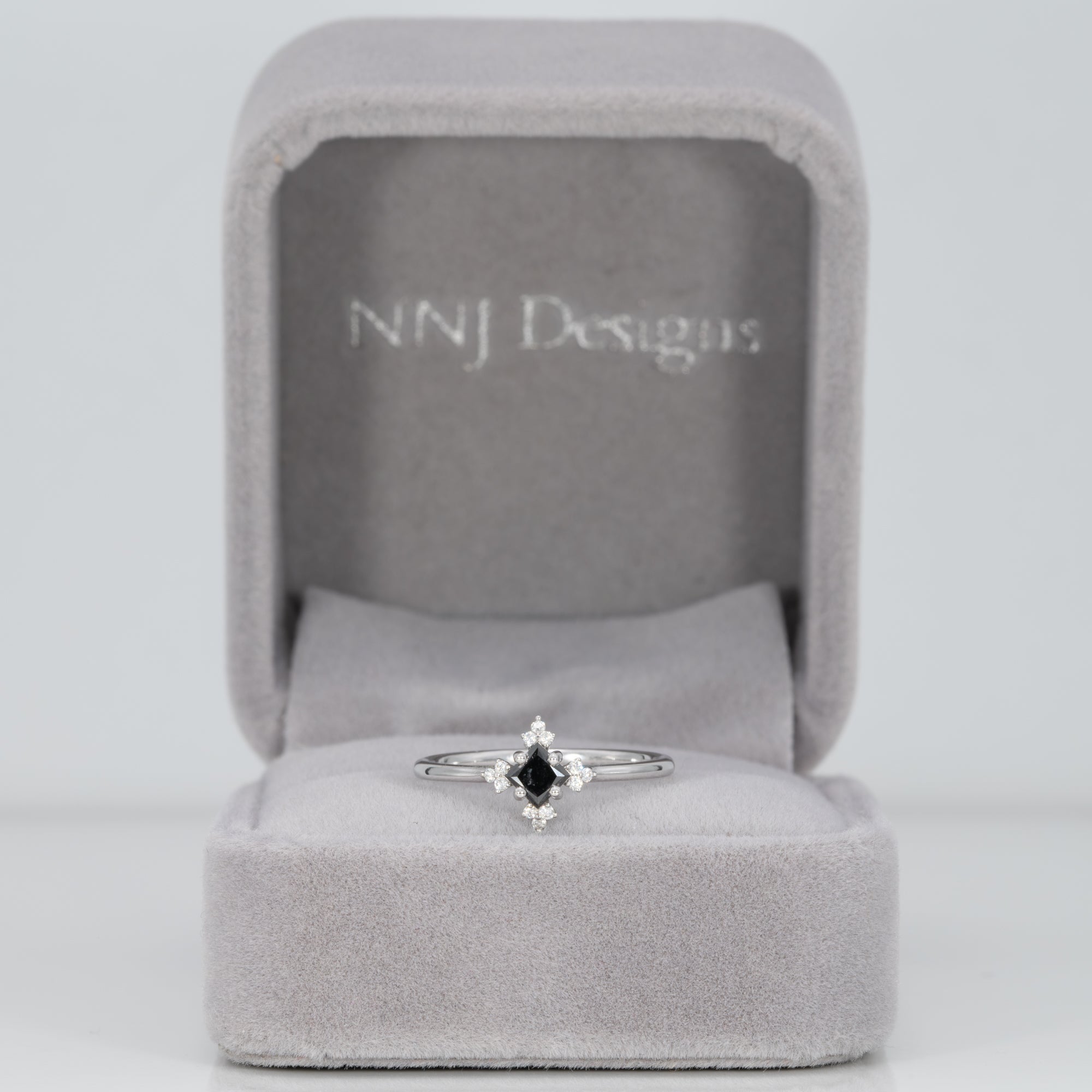 14K white gold black diamond ring with diamond accents