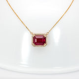 Somi Solid 14K Gold Ruby Pendant Necklace with Attached Chain, Natural Diamonds Halo, 10x8mm