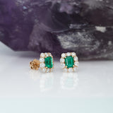 Olive Solid 14k Gold Colombian Emerald Stud Earrings with Natural Diamond Accents, Emerald cut 6x4mm