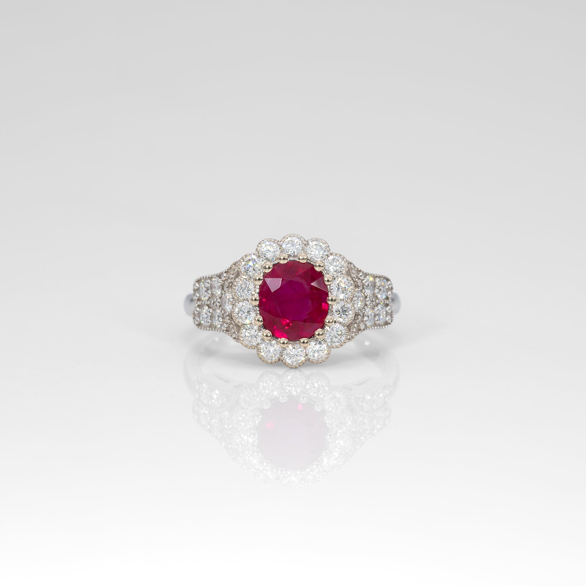 14K white gold Burma ruby ring with diamond accents