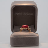14K rose gold star ruby cabochon ring with diamond halo