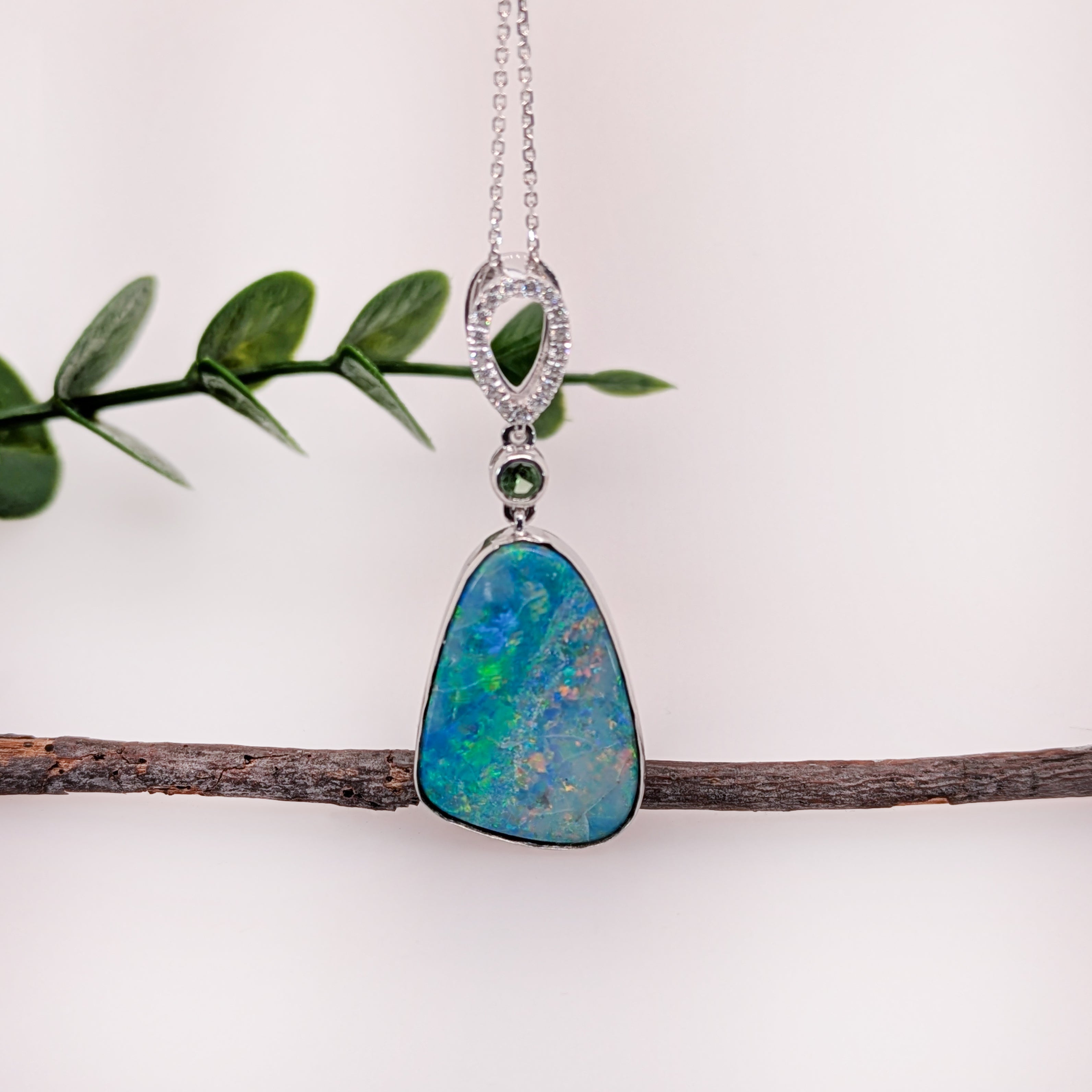 Trishu 14K White Gold 11.31cts Boulder Opal Diamond Pendant | Fancy Shape 22.5x15.5mm