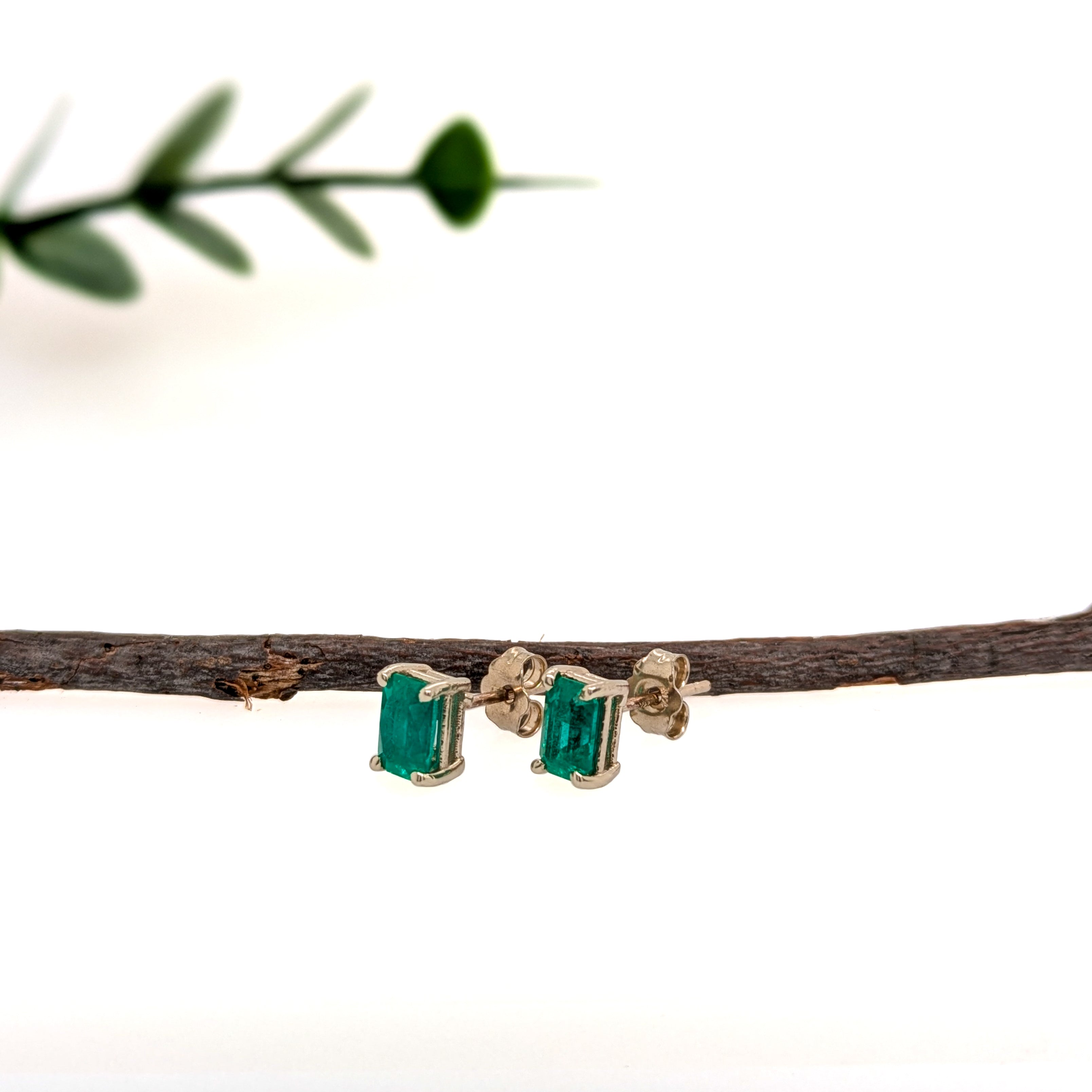 Jenny 14K White Gold 1.05cts Zambian Emerald Solitaire Stud Earrings | Emerald Cut 6x4mm
