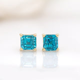 Erin 14K Solid Gold Cambodian Blue Zircon Solitaire Studs | Asscher Cut 6mm