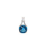 London Blue Topaz Pendant w Natural Diamond Accents in 14K Gold, Cushion Shaped 12mm