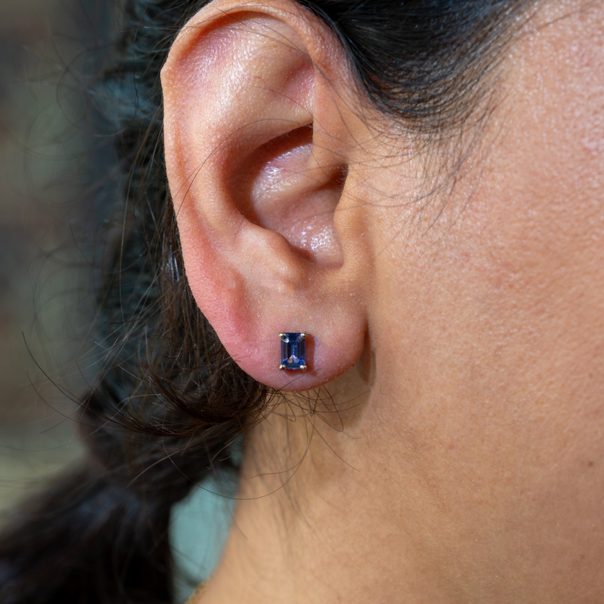14K white gold tanzanite emerald cut stud earrings