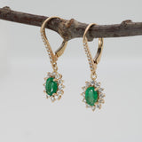 Zambian Emerald Dangle Earrings in 14K Yellow Gold | Diamond Halo | Oval Cut | 6x4mm | May Birthstone